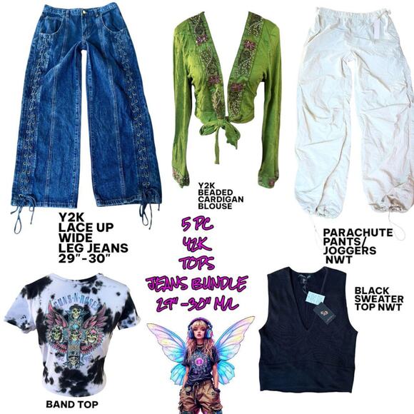 Y2K LACE UP JEANS JOGGERS GRUNGE STREETWEAR BEADED TOP SHIRT BUNDLE M/L - Picture 1 of 8